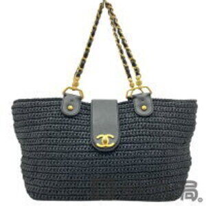 Chanel Straw Chain Shoulder Bag Tote Leather Black